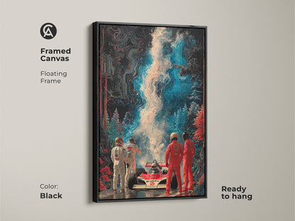 Abstract F1 racing car art in a black framed canvas. This contemporary speed art features a floating frame. Ready to hang. It is ideal as modern office artwork and unique car poster. A man cave decor gift.