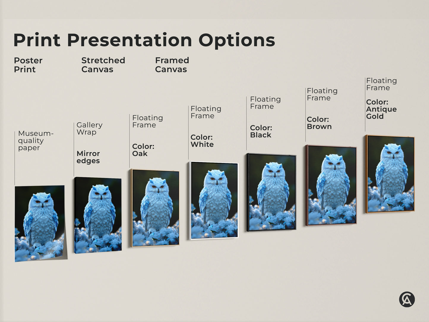 Explore print presentation options for this Snowy Owl artwork. Choose from poster prints stretched canvases and framed canvases. Each option displays this fantasy animal artwork with sparkling blue accents.