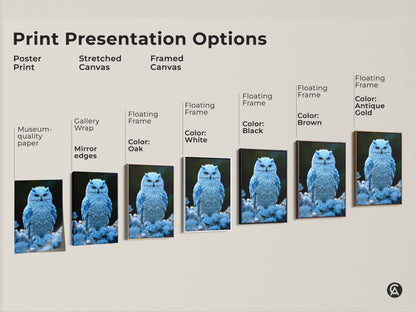 Explore print presentation options for this Snowy Owl artwork. Choose from poster prints stretched canvases and framed canvases. Each option displays this fantasy animal artwork with sparkling blue accents.