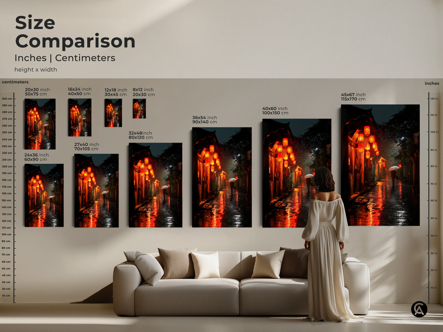 Compare the sizes of this beautiful artwork. This rainy Asian street scene is available in multiple dimensions. Visualize how each size fits with our size comparison guide. This artwork featuring glowing lanterns and a lone figure will enhance any space.