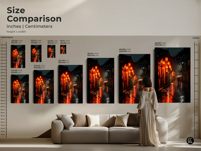 Compare the sizes of this beautiful artwork. This rainy Asian street scene is available in multiple dimensions. Visualize how each size fits with our size comparison guide. This artwork featuring glowing lanterns and a lone figure will enhance any space.