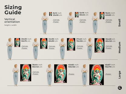 A size comparison of the screaming angel prints. Inches and centimeters. Different sizes are shown above a couch with a model to illustrate dimensions. Choose the perfect scale for your surrealist canvas or poster. Ideal for gothic eclectic decor.