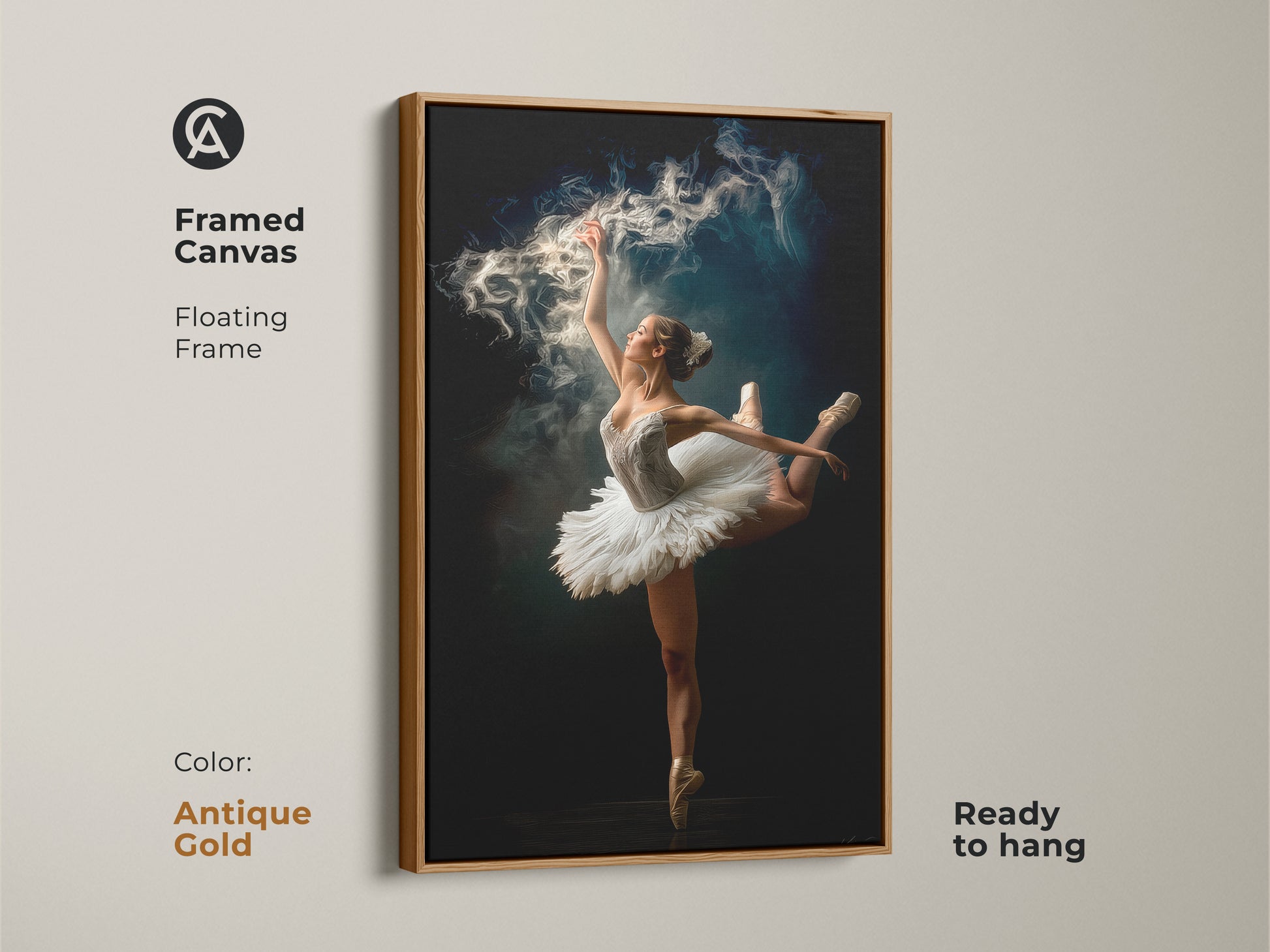 Framed canvas art of a ballerina with an antique gold floating frame. Ready to hang this artwork features a dancer in a graceful pose with a magical smoke effect. The gold frame adds a touch of luxury. A focal point for any room.