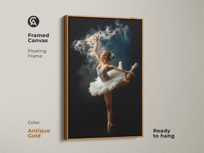 Framed canvas art of a ballerina with an antique gold floating frame. Ready to hang this artwork features a dancer in a graceful pose with a magical smoke effect. The gold frame adds a touch of luxury. A focal point for any room.