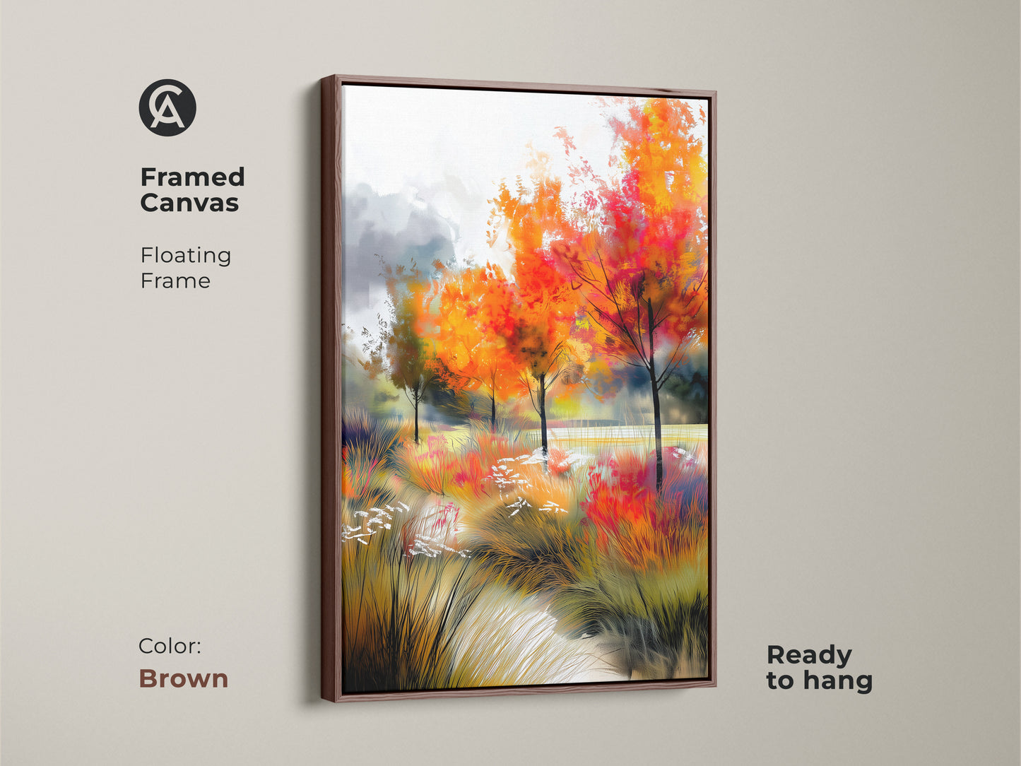 Framed canvas art with a floating frame in brown. The artwork displays colorful autumn trees. This ready-to-hang framed print adds warmth to your space. The natural scene brings the outdoors inside.