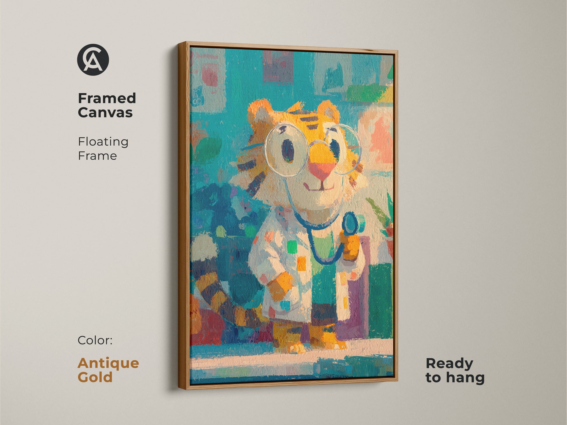 Framed canvas featuring a cartoon tiger dressed as a doctor. The antique gold frame adds a touch of elegance. This ready-to-hang piece is perfect for adding character to any space. This artwork is suitable for waiting rooms.