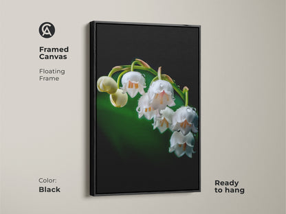 Framed canvas of Lily of the Valley artwork with a black floating frame. The botanical art print features macro nature photography. It's ready to hang. This white floral canvas adds a modern touch to any room aesthetic.