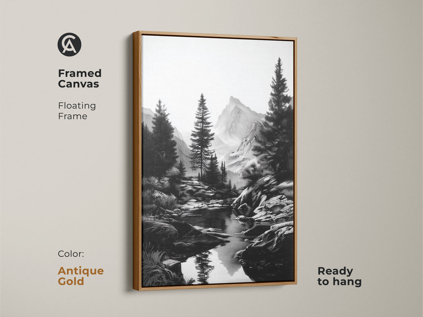 Black and white mountain river art in a floating antique gold frame. This framed canvas is ready to hang. The perfect rustic pine tree landscape art is an excellent gift for hikers. It will give your bedroom or office a serene mountain artwork.