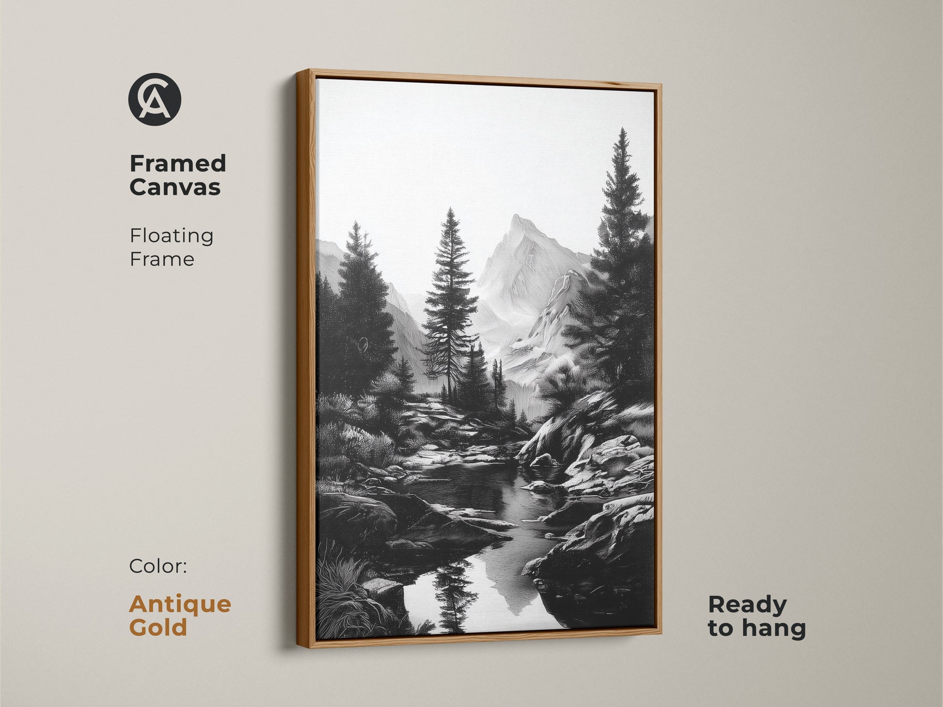 Black and white mountain river art in a floating antique gold frame. This framed canvas is ready to hang. The perfect rustic pine tree landscape art is an excellent gift for hikers. It will give your bedroom or office a serene mountain artwork.