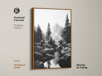 Black and white mountain river art in a floating antique gold frame. This framed canvas is ready to hang. The perfect rustic pine tree landscape art is an excellent gift for hikers. It will give your bedroom or office a serene mountain artwork.