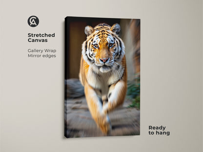 Stretched canvas photorealistic tiger artwork ready to hang. Gallery wrapped with mirrored edges shows an orange black jungle tiger. Ideal wildlife wall art for bedrooms.
