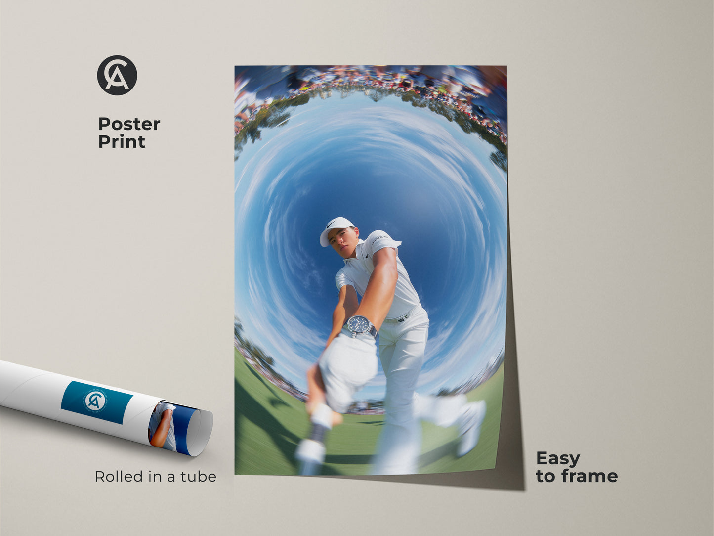 A poster print featuring a fisheye view of a golfer in action. This contemporary artwork comes rolled in a tube. It is easy to frame and display. A great choice for sports art collectors. Showcase your love for golf with this art.