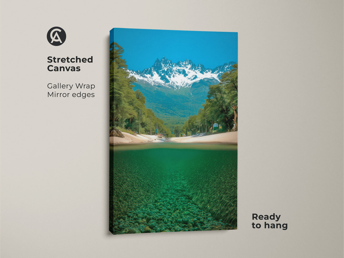 Elevate your space with this stunning stretched canvas art. The gallery wrap and mirrored edges enhance the over under mountain river scene. The snowy peaks and teal water create a captivating nature landscape. Ready to hang this piece is perfect for adding contemporary style to any room