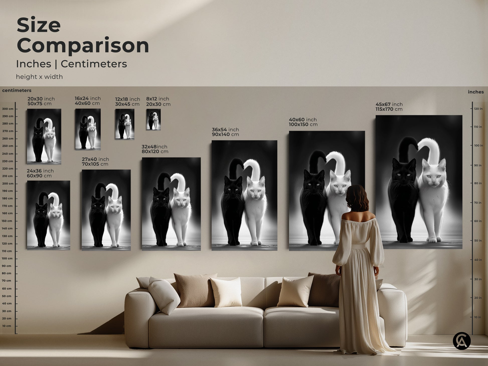 Explore the sizing guide for monochrome cat art prints. Vertical orientation options are available in small medium and large sizes. Choose from canvas or poster prints. Find the perfect fit for your space with dimensions in inches and centimeters. Elevate your home decor today.