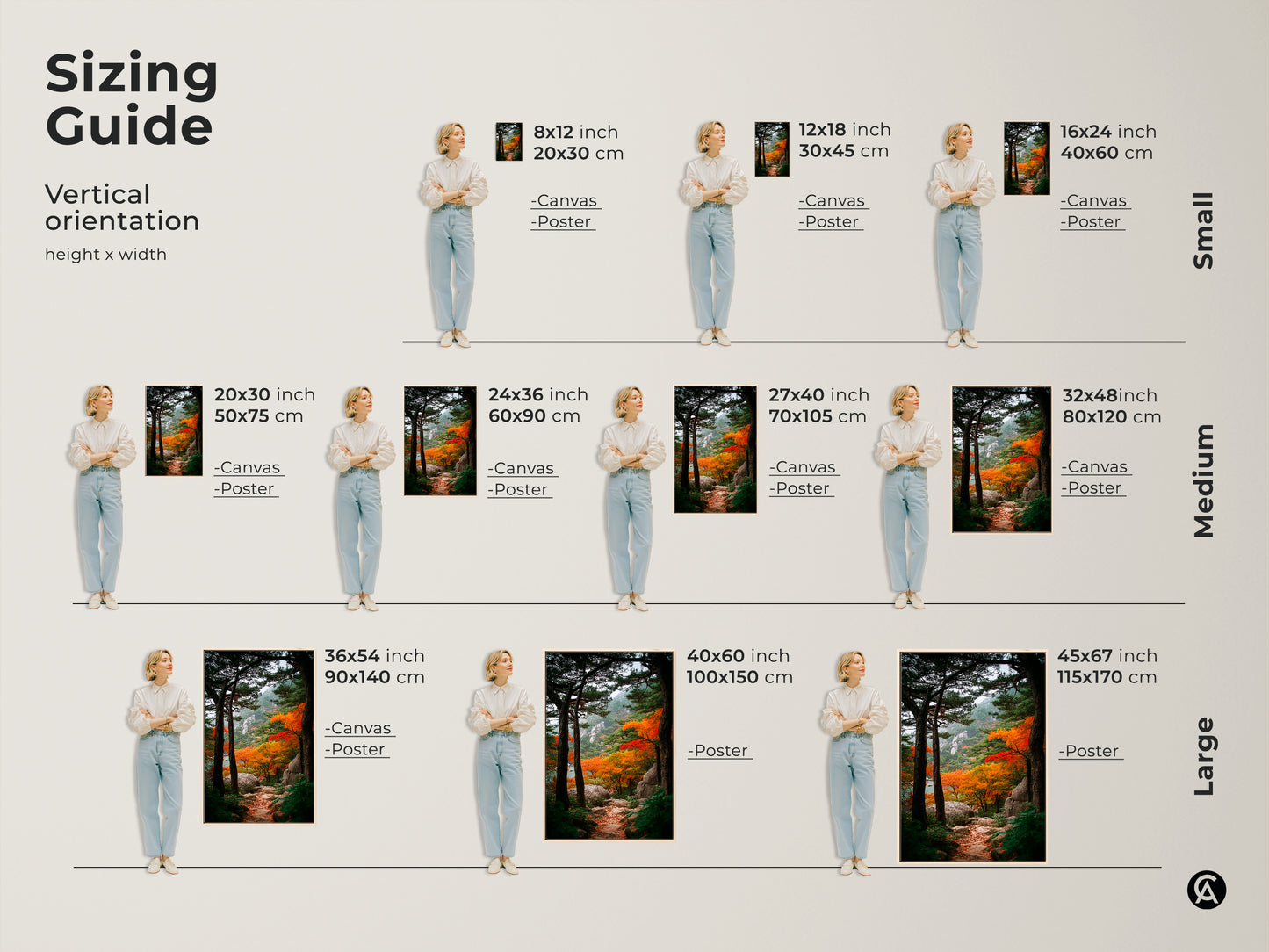 Sizing guide for vertical art prints. Discover canvas and poster options in various sizes. Find the ideal fit for your wall decor needs. Sizes from small to large are available to enhance your space.