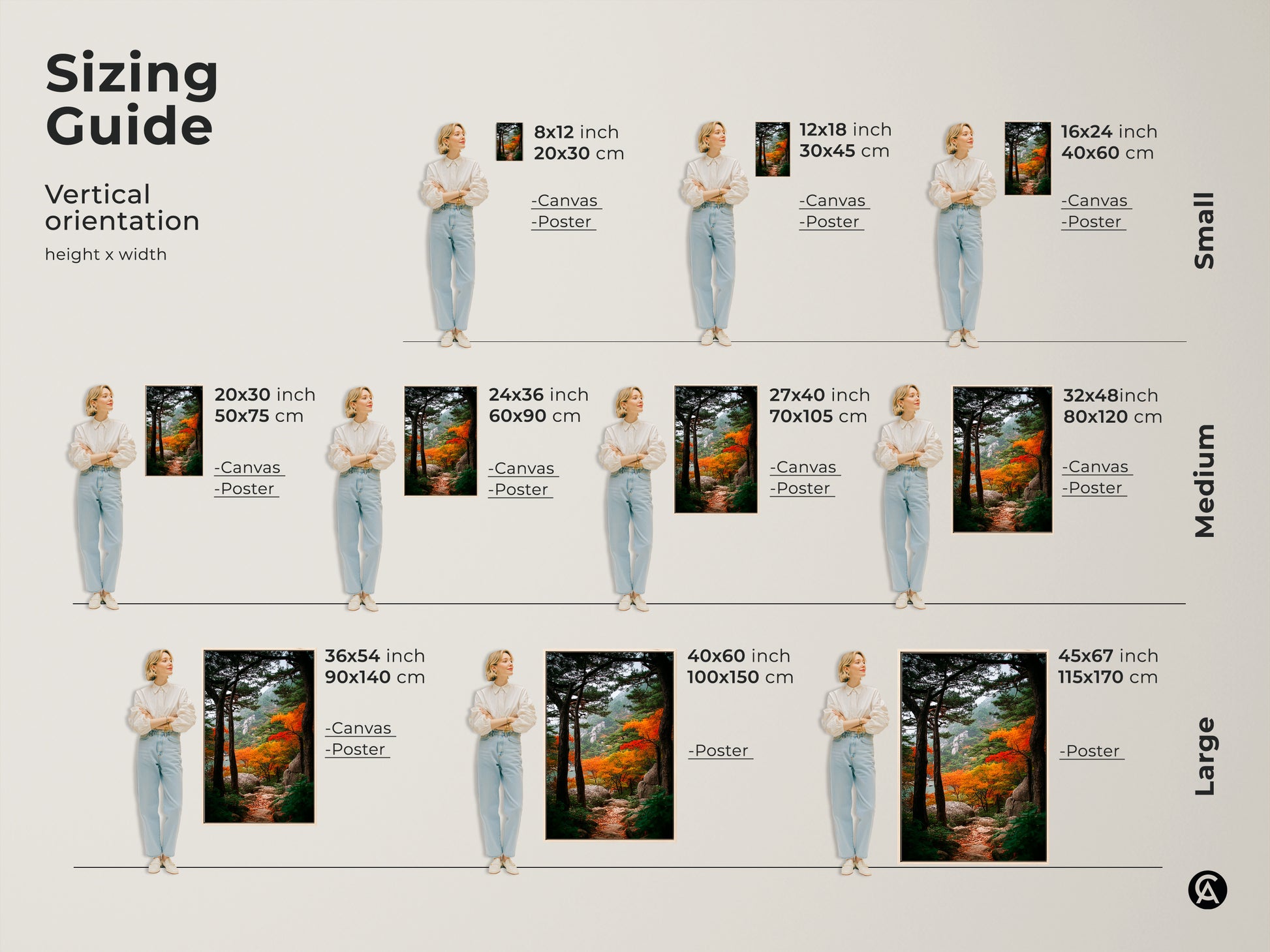 Sizing guide for vertical art prints. Discover canvas and poster options in various sizes. Find the ideal fit for your wall decor needs. Sizes from small to large are available to enhance your space.