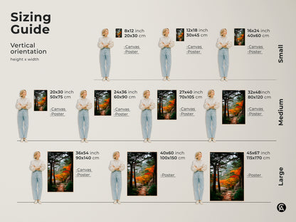 Sizing guide for vertical art prints. Discover canvas and poster options in various sizes. Find the ideal fit for your wall decor needs. Sizes from small to large are available to enhance your space.