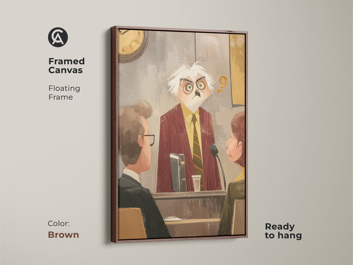 Framed canvas art with a brown floating frame showcasing an owl judge. This funny lawyer gift adds character to any office. The courtroom scene wall art brings eclectic charm. Ready to hang and appreciate for its humor.