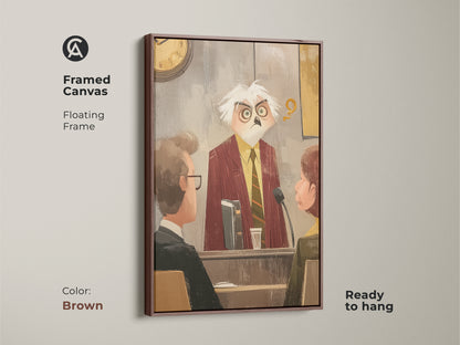 Framed canvas art with a brown floating frame showcasing an owl judge. This funny lawyer gift adds character to any office. The courtroom scene wall art brings eclectic charm. Ready to hang and appreciate for its humor.
