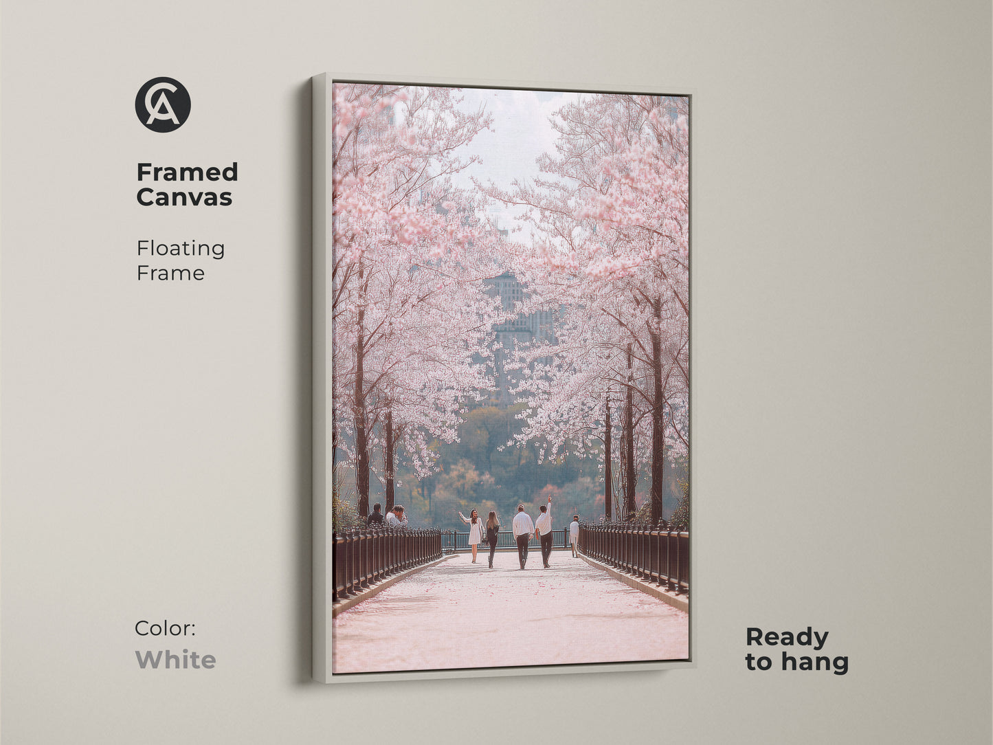 Enhance your space with this framed canvas art. A white floating frame highlights a couple walking under cherry blossoms. This contemporary nature art adds elegance to any room. Ready to hang this romantic spring scene brings seasonal beauty to your home.