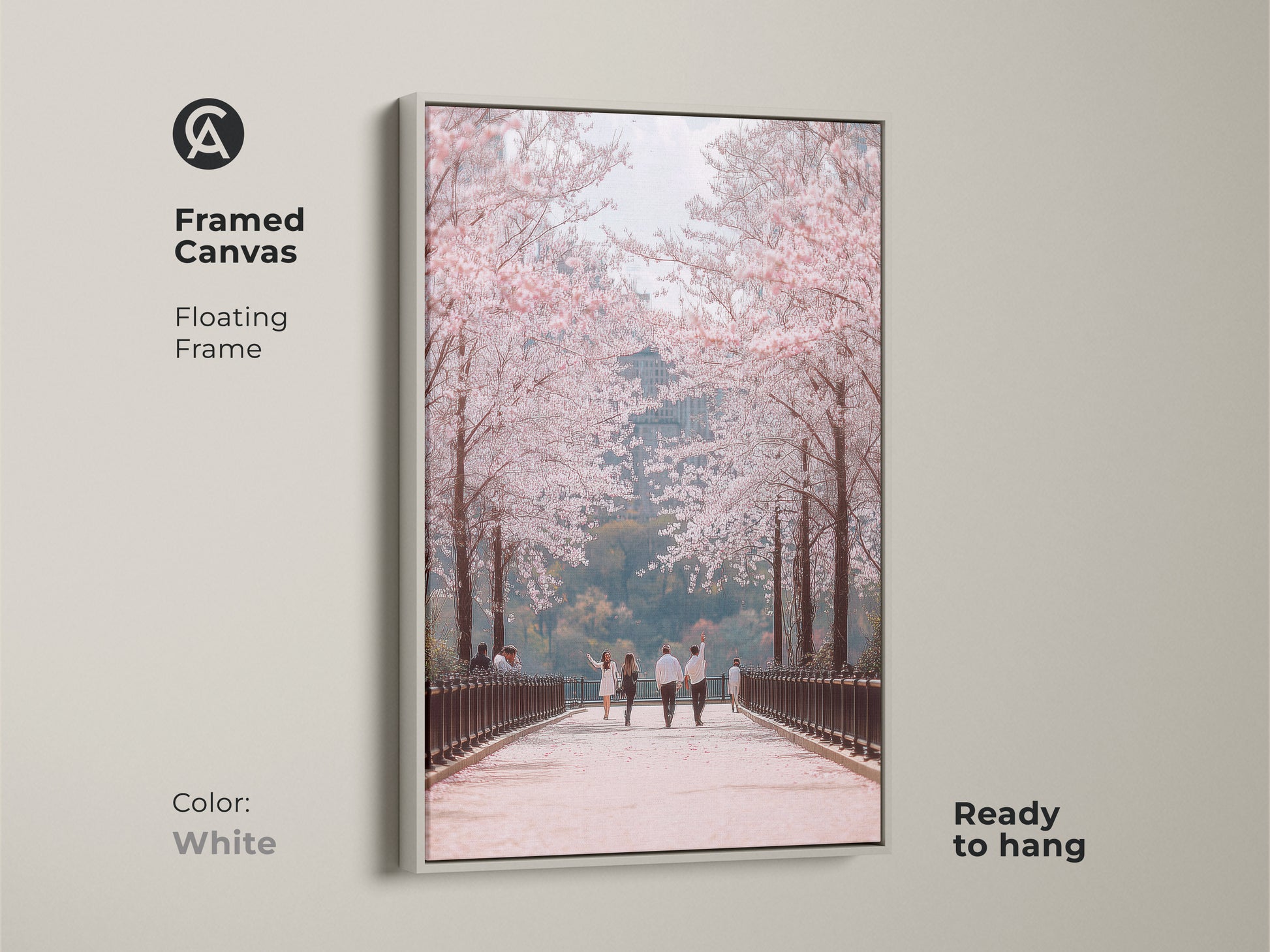 Enhance your space with this framed canvas art. A white floating frame highlights a couple walking under cherry blossoms. This contemporary nature art adds elegance to any room. Ready to hang this romantic spring scene brings seasonal beauty to your home.