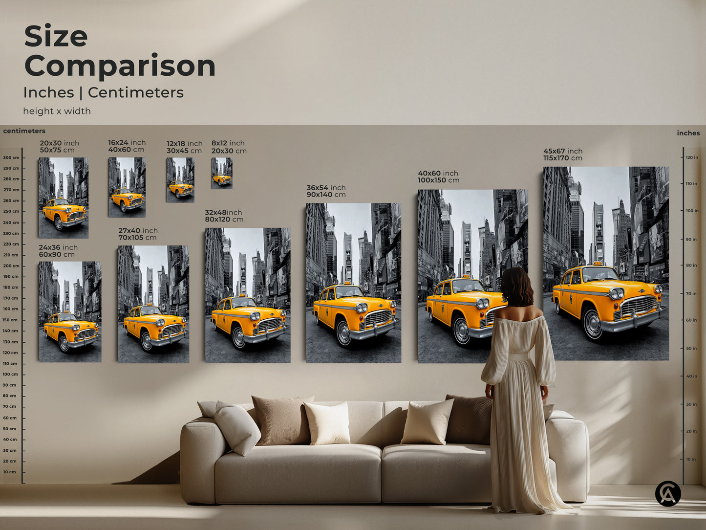 Compare sizes of the yellow taxi art in inches and centimeters. See how the artwork transforms spaces from small to large. The New York City canvas and poster prints are displayed in various settings. Envision the perfect size for your home decor. Add urban charm today.