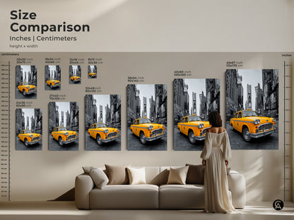 Compare sizes of the yellow taxi art in inches and centimeters. See how the artwork transforms spaces from small to large. The New York City canvas and poster prints are displayed in various settings. Envision the perfect size for your home decor. Add urban charm today.