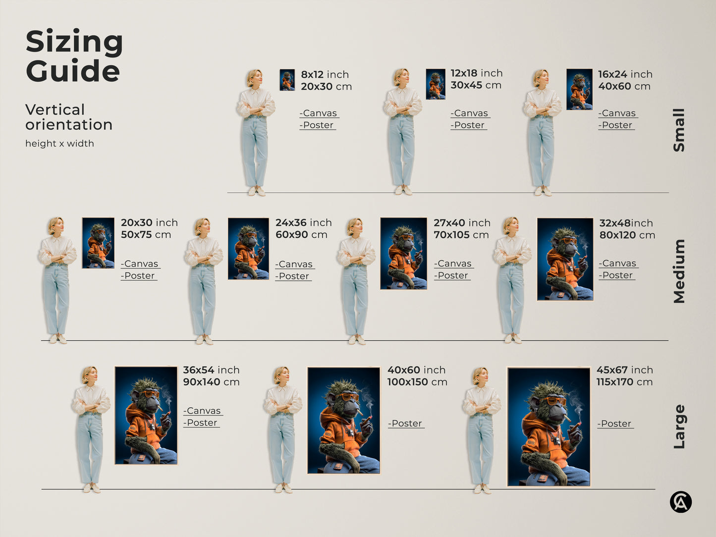 This is a sizing guide for the graffiti monkey art print. The urban street art canvas features a monkey in an orange hoodie smoking. The art comes in small medium and large sizes for canvas and poster.