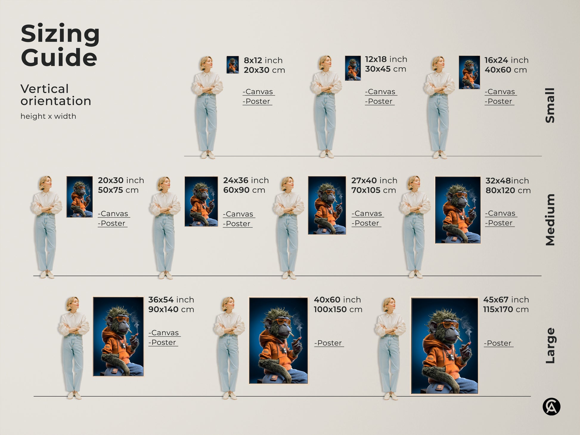 This is a sizing guide for the graffiti monkey art print. The urban street art canvas features a monkey in an orange hoodie smoking. The art comes in small medium and large sizes for canvas and poster.
