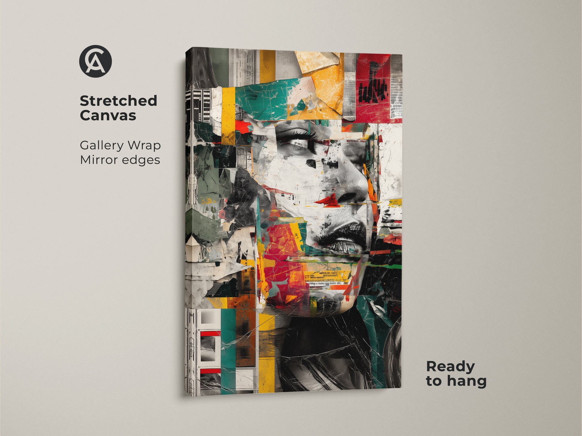 Stretched canvas of an abstract woman face collage art. Gallery wrap with mirror edges for a seamless look. Ready to hang mixed media print. Eclectic red teal yellow wall art perfect for adding a modern touch to any room. Unique portrait artwork ideal as a gift for art lovers. Contemporary abstract art for home or office.
