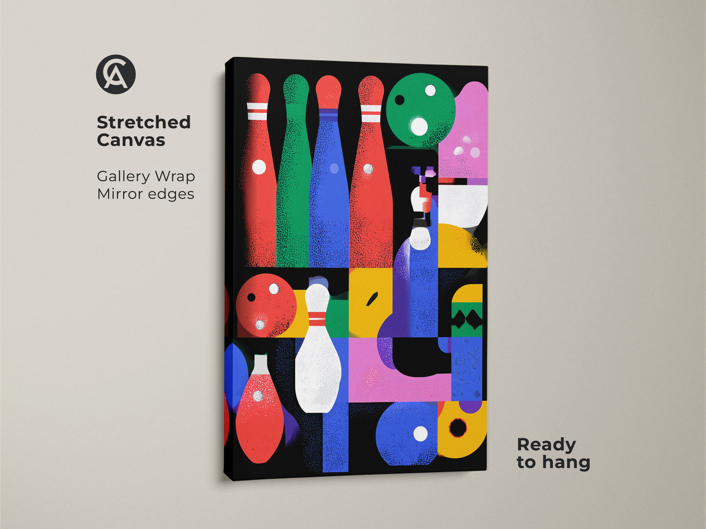 Stretched canvas print of abstract geometric bowling artwork. This gallery-wrapped mid-century modern art print features mirrored edges. Ready to hang this canvas art is perfect for game room wall decor. It's an ideal sports enthusiast gift that brings an eclectic home decor style. The red blue and pink abstract shapes add a retro flair.