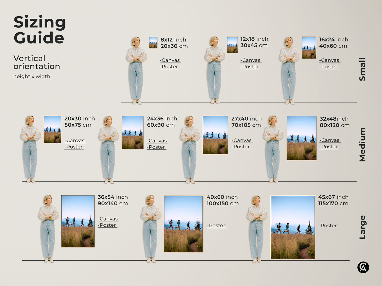 Discover the perfect size with our sizing guide featuring trail runners art. Visualize how this mountain landscape canvas print fits in your space. Available in various sizes from small to large for both canvas and poster prints. Ideal for adding adventure-themed decor and a great gift for hikers.