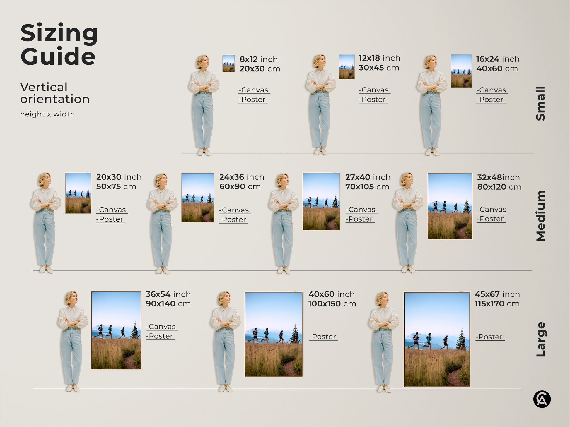 Discover the perfect size with our sizing guide featuring trail runners art. Visualize how this mountain landscape canvas print fits in your space. Available in various sizes from small to large for both canvas and poster prints. Ideal for adding adventure-themed decor and a great gift for hikers.