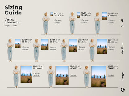 Discover the perfect size with our sizing guide featuring trail runners art. Visualize how this mountain landscape canvas print fits in your space. Available in various sizes from small to large for both canvas and poster prints. Ideal for adding adventure-themed decor and a great gift for hikers.