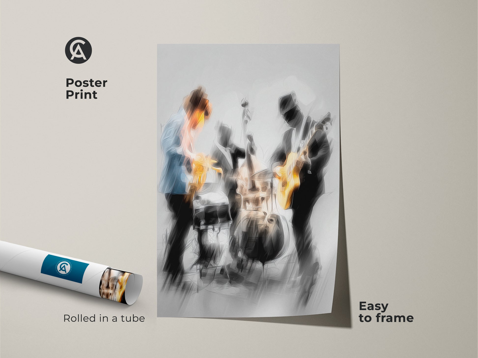 Poster print of a jazz band performing live. The poster is rolled in a tube for easy shipping and framing. The image features a saxophonist guitarist and drummer. This poster print is easy to frame. Get your jazz band poster today.