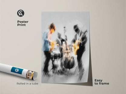 Poster print of a jazz band performing live. The poster is rolled in a tube for easy shipping and framing. The image features a saxophonist guitarist and drummer. This poster print is easy to frame. Get your jazz band poster today.