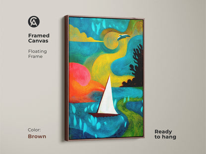 Framed canvas artwork showcasing an abstract sailboat. Teal yellow green seascape adds a bohemian touch. The brown floating frame is ready to hang for coastal home decor. Perfect nautical abstract painting.