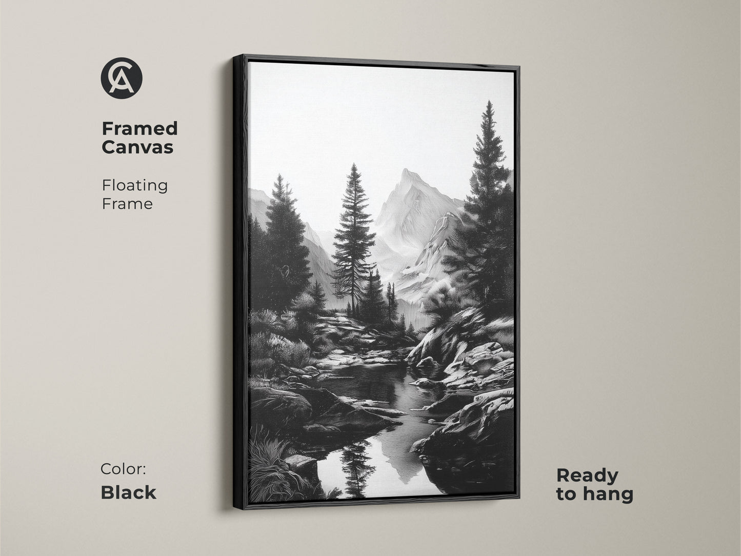 A framed canvas with a floating frame featuring a black and white mountain river art print. Monochrome artwork shows a rustic pine tree landscape. Ready to hang this minimalist nature wall decor complements any space. It is a perfect gift for hikers.