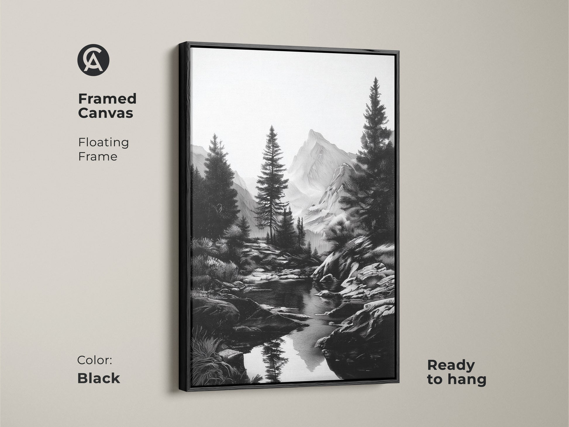 A framed canvas with a floating frame featuring a black and white mountain river art print. Monochrome artwork shows a rustic pine tree landscape. Ready to hang this minimalist nature wall decor complements any space. It is a perfect gift for hikers.