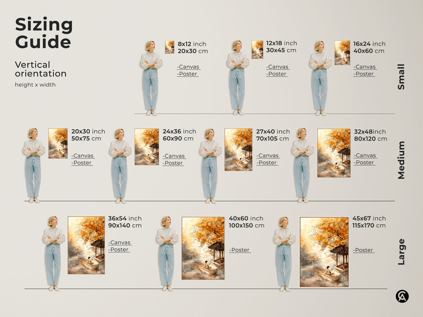 Sizing guide for vertical autumn artwork. Visualize the art in various sizes from small to large. See how it complements different spaces as a canvas or poster print in your home.