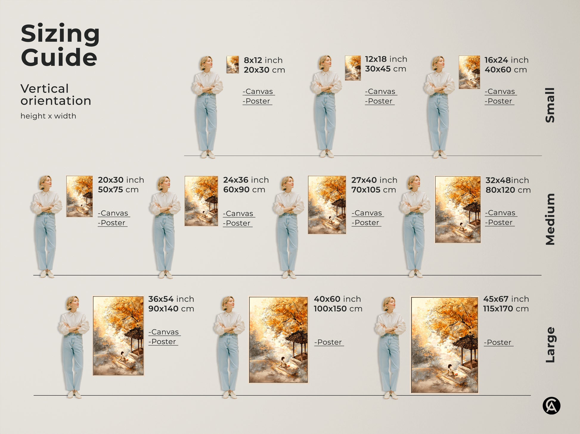 Sizing guide for vertical autumn artwork. Visualize the art in various sizes from small to large. See how it complements different spaces as a canvas or poster print in your home.
