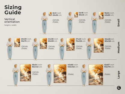 Sizing guide for vertical autumn artwork. Visualize the art in various sizes from small to large. See how it complements different spaces as a canvas or poster print in your home.