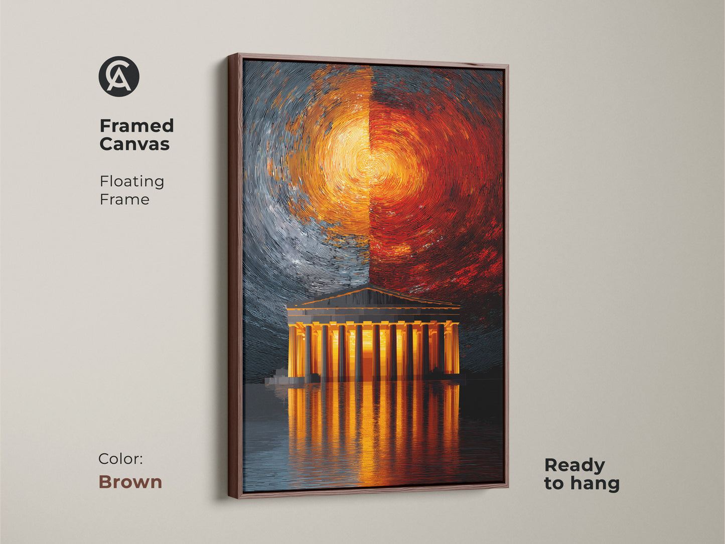 Framed canvas print displays an abstract Greek temple in a brown floating frame. The orange yellow art radiates against a textured abstract backdrop. Ready to hang this modern abstract painting suits any home office. It's a contemporary architecture print which is a unique gift.