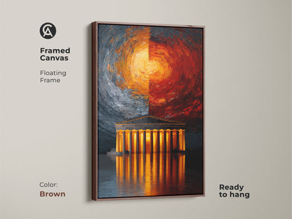 Framed canvas print displays an abstract Greek temple in a brown floating frame. The orange yellow art radiates against a textured abstract backdrop. Ready to hang this modern abstract painting suits any home office. It's a contemporary architecture print which is a unique gift.