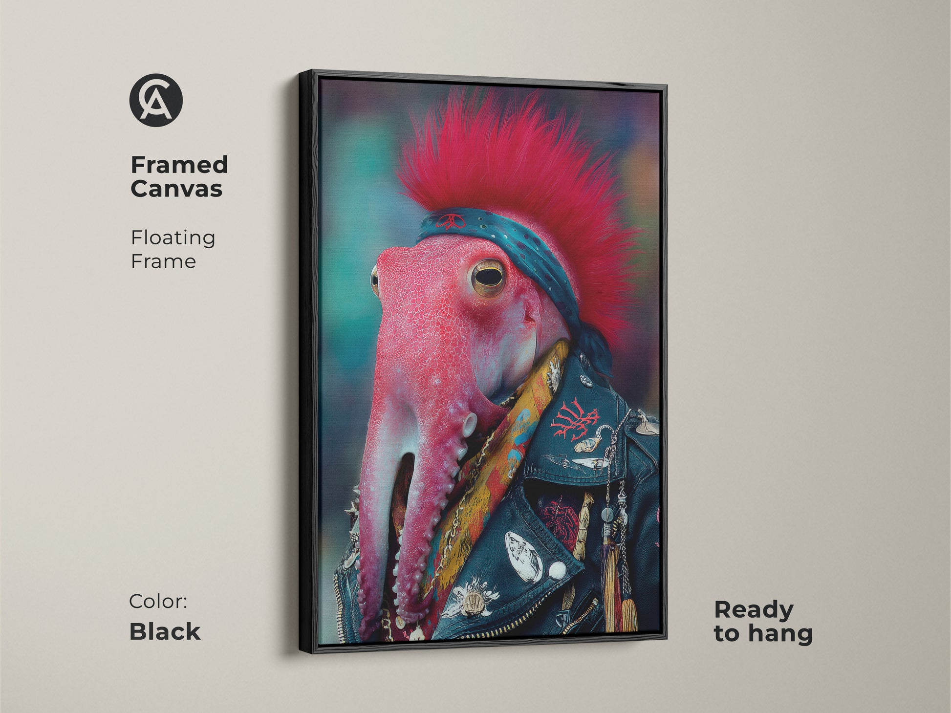 Framed Canvas in Black Featuring a Punk Rocker Octopus. Ready to hang this surreal animal artwork enhances any wall. Perfect eclectic wall decor for music enthusiasts.
