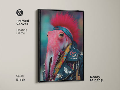 Framed Canvas in Black Featuring a Punk Rocker Octopus. Ready to hang this surreal animal artwork enhances any wall. Perfect eclectic wall decor for music enthusiasts.