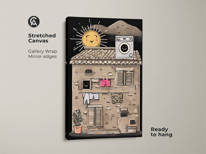 Stretched canvas artwork featuring a happy sun and retro washing machine. This eclectic beige yellow art is ready to hang and brings daily life canvas art into your home. Perfect as unique home decor retro gift.