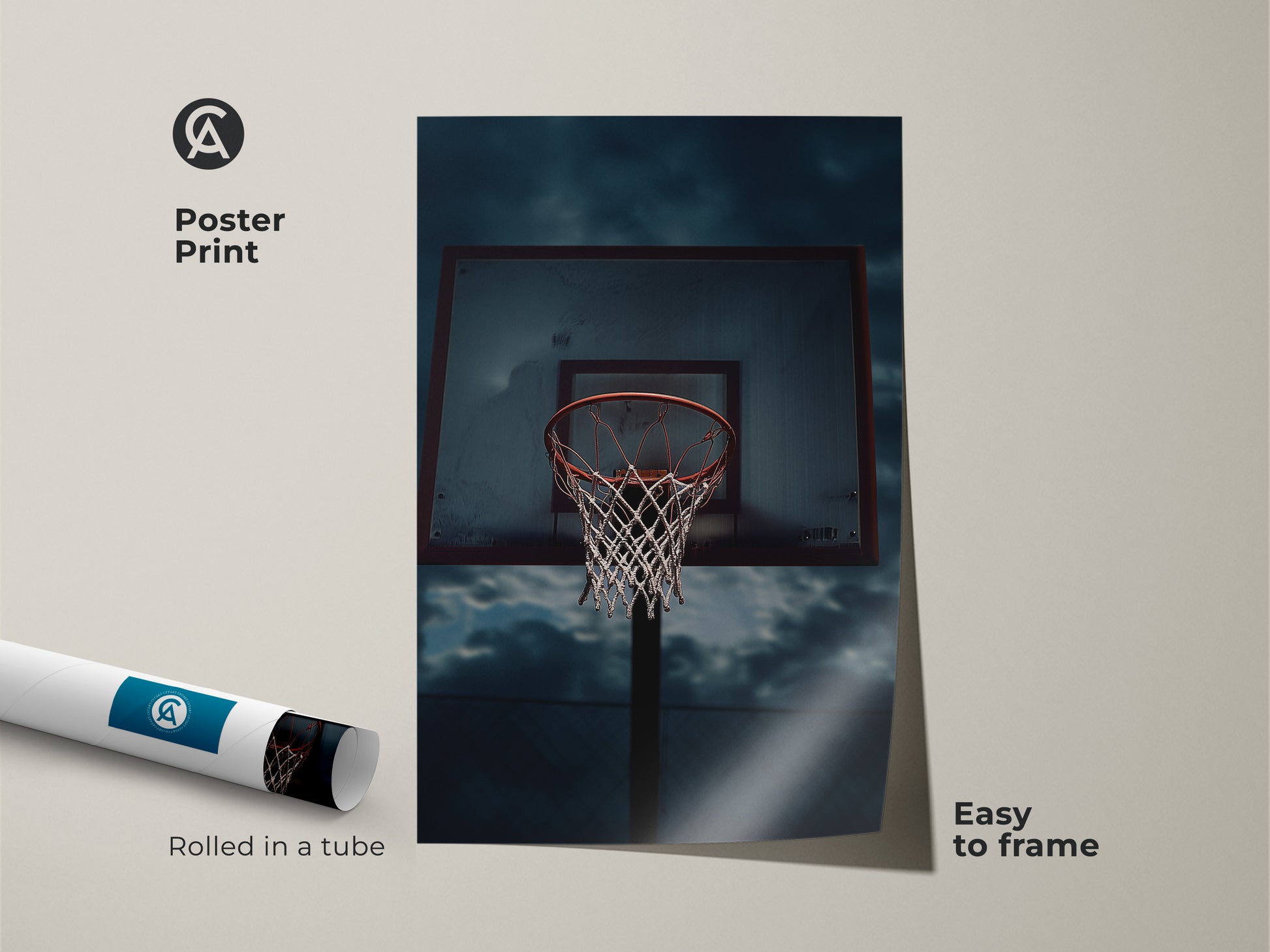 Poster print of a basketball hoop. This urban sports wall art print is rolled in a tube for easy framing. Great teen bedroom decor or office sports artwork. The moody basketball photography features red gray and blue tones.