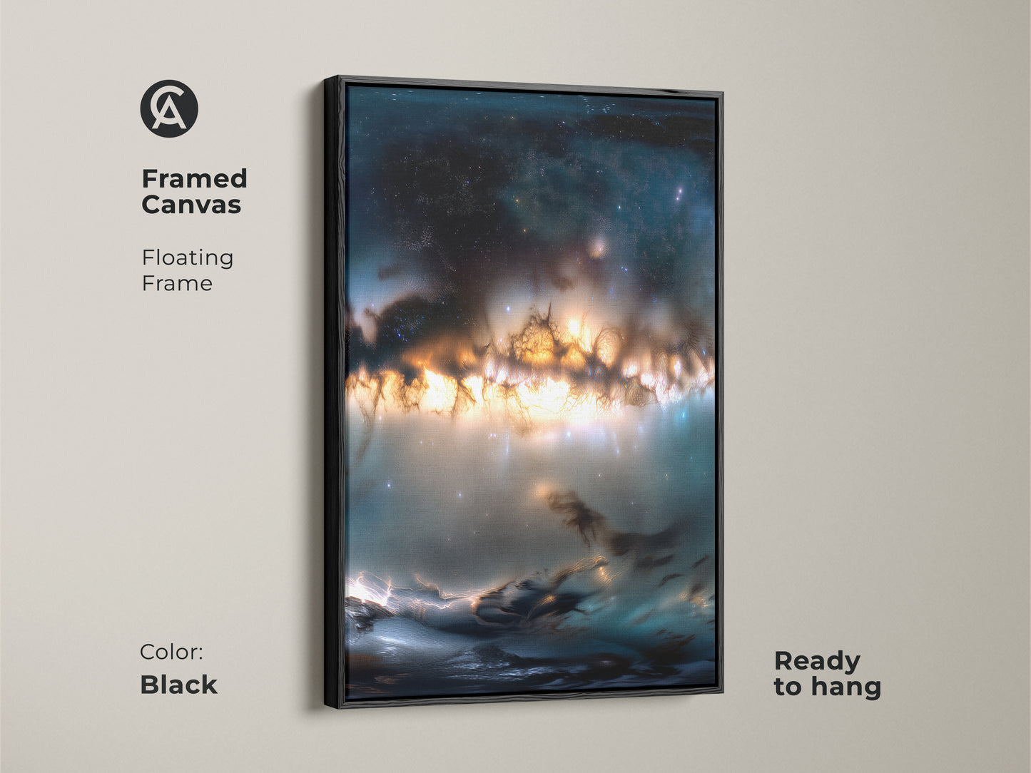 Framed canvas with floating frame. The nebula artwork features orange and blue. The frame is black. Ready to hang. Elevate your interior style with this framed canvas art. Great for adding a modern touch to any room.