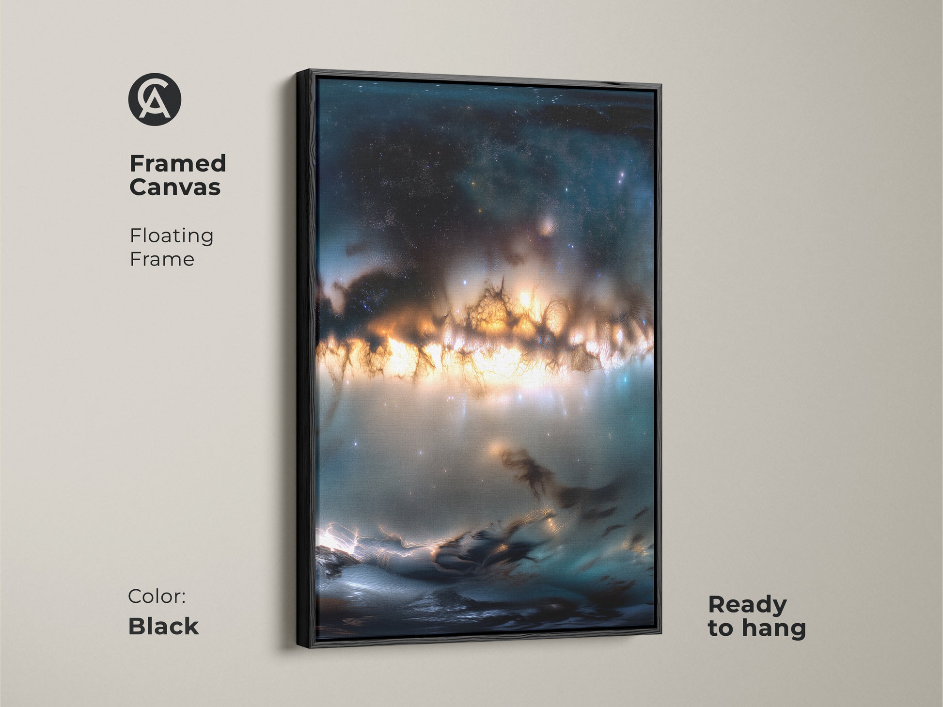 Framed canvas with floating frame. The nebula artwork features orange and blue. The frame is black. Ready to hang. Elevate your interior style with this framed canvas art. Great for adding a modern touch to any room.
